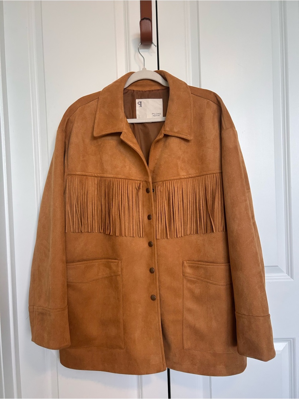 Pilcro Cognac Suede Fringe Button-Up Jacket